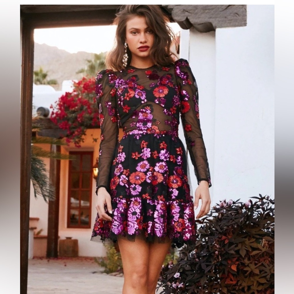 Dress the Population Long Sleeve Sequin Dress - Pink and Black